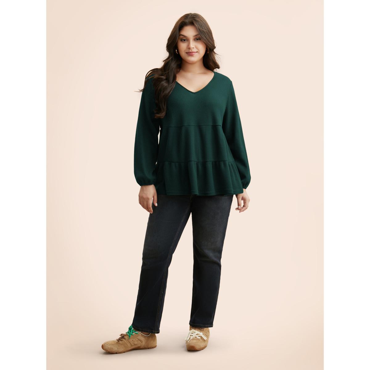 Plus Size Solid Waffle Knit Ruffle Hem T-shirt DarkGreen Women Casual Texture V-neck Everyday T-shirts BloomChic 26/4X Product Image