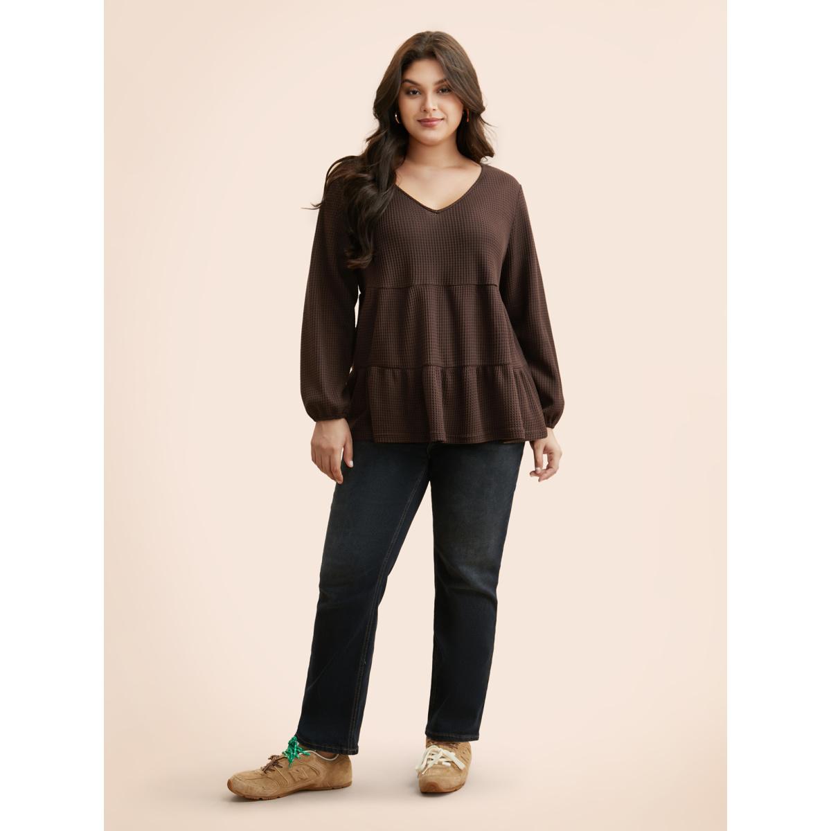 Plus Size Solid Waffle Knit Ruffle Hem T-shirt DarkBrown Women Casual Texture V-neck Everyday T-shirts BloomChic 12/L Product Image