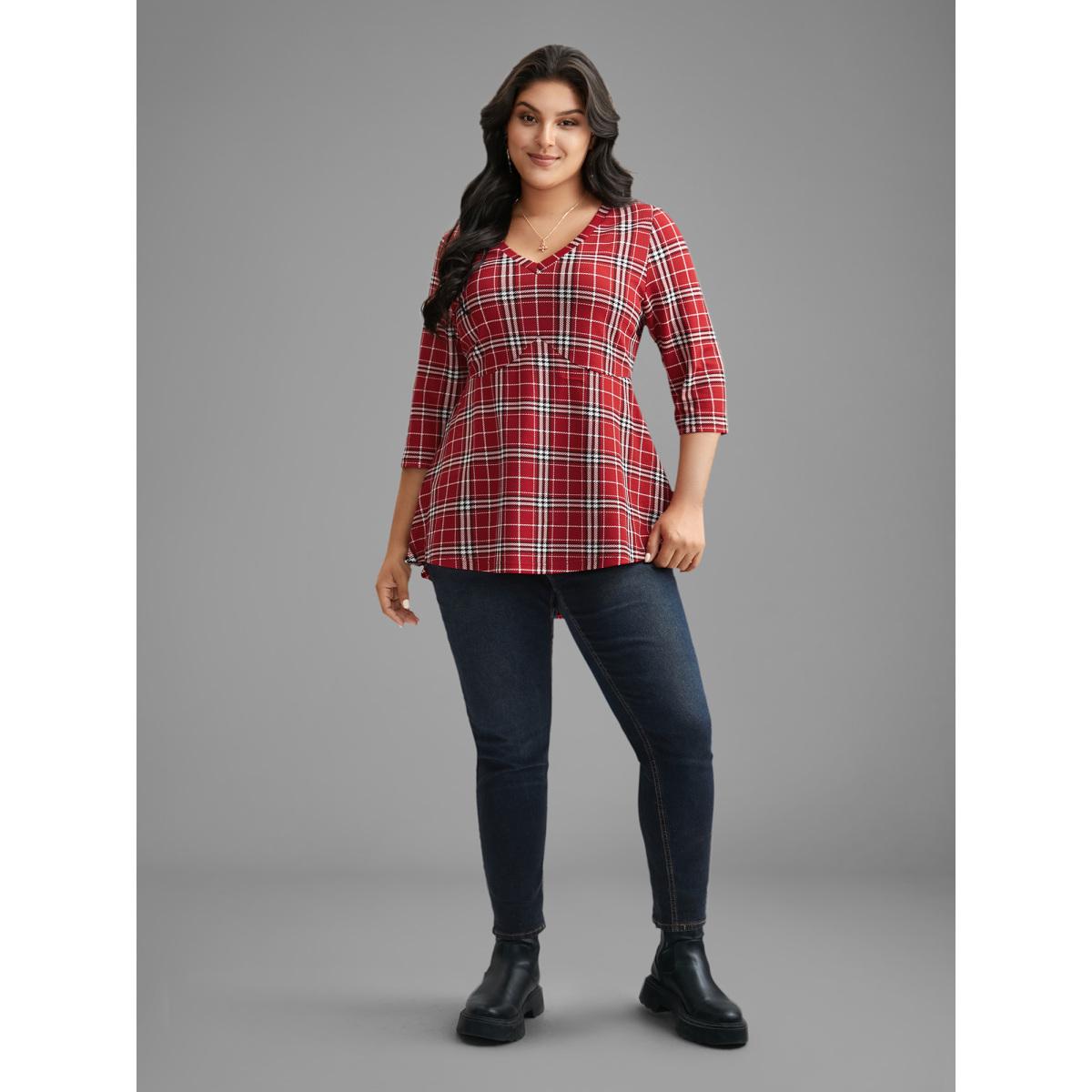 Plus Size Plaid Quarter-Sleeve Elastic Waist Tee Brightred Women Elegant Non V-neck Bodycon Everyday T-shirts BloomChic 22-24/3X Product Image