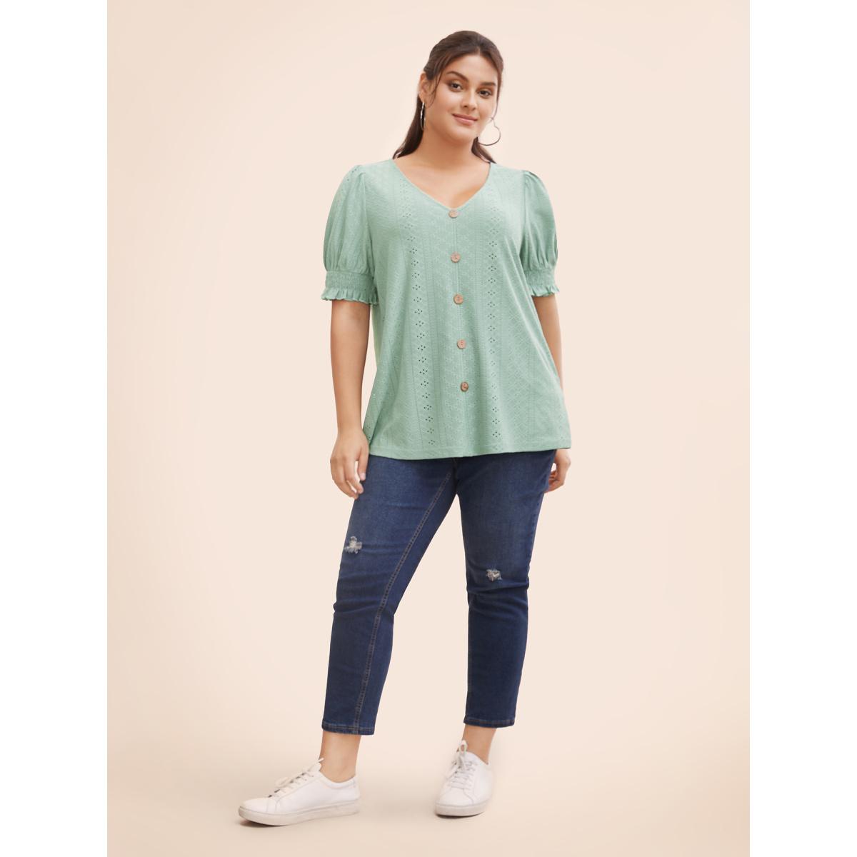 Plus Size Plain Broderie Anglaise Shirred Puff Sleeve Button Detail T-shirt Sage Women Casual Button Plain V-neck Everyday T-shirts BloomChic 26/4X Product Image