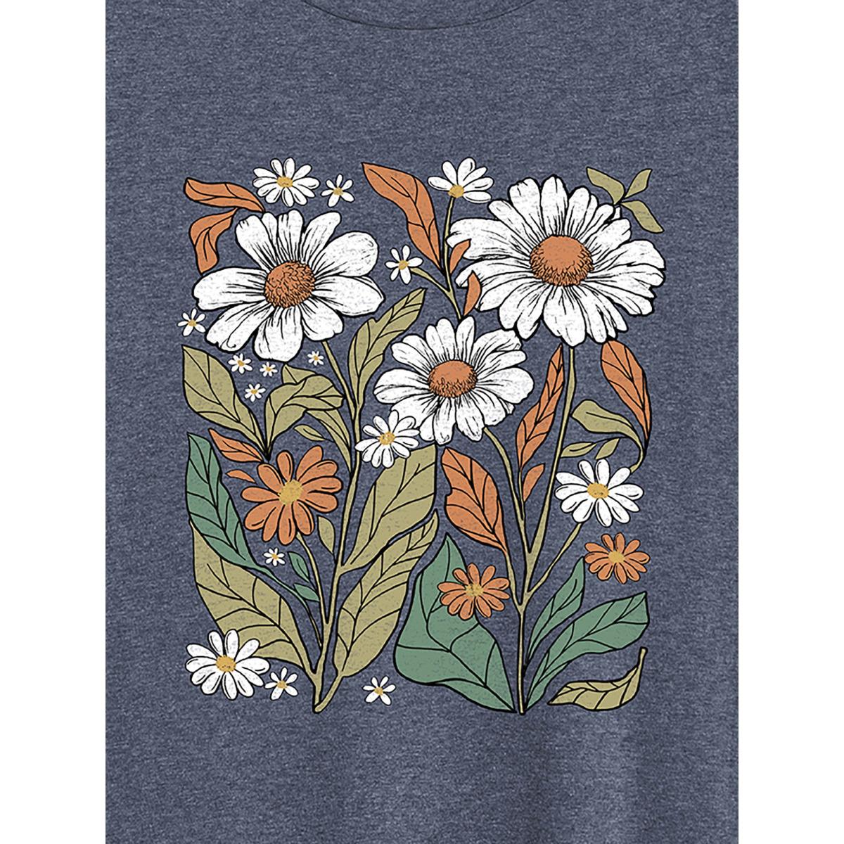 Plus Size Boho Floral Motif Round Neck T-Shirt Indigo Women Non Natural Flowers Round Neck Everyday-Casual T-shirts BloomChic 10/M Product Image
