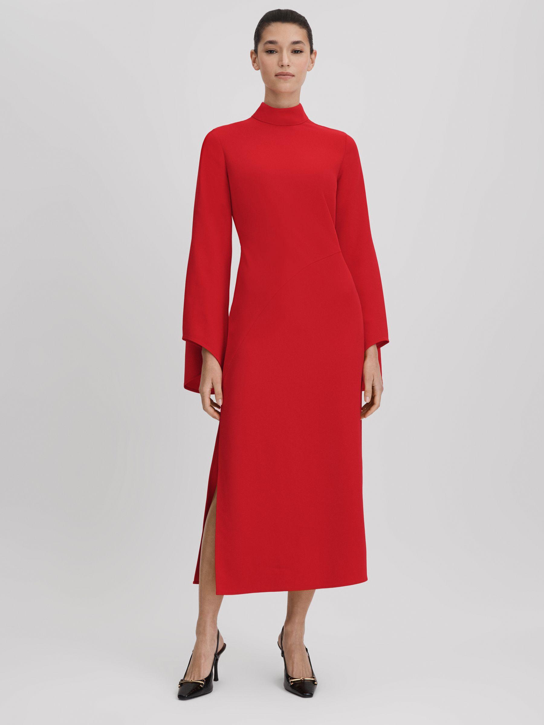 Flute Sleeve Bodycon Midi Dress in Red Product Image