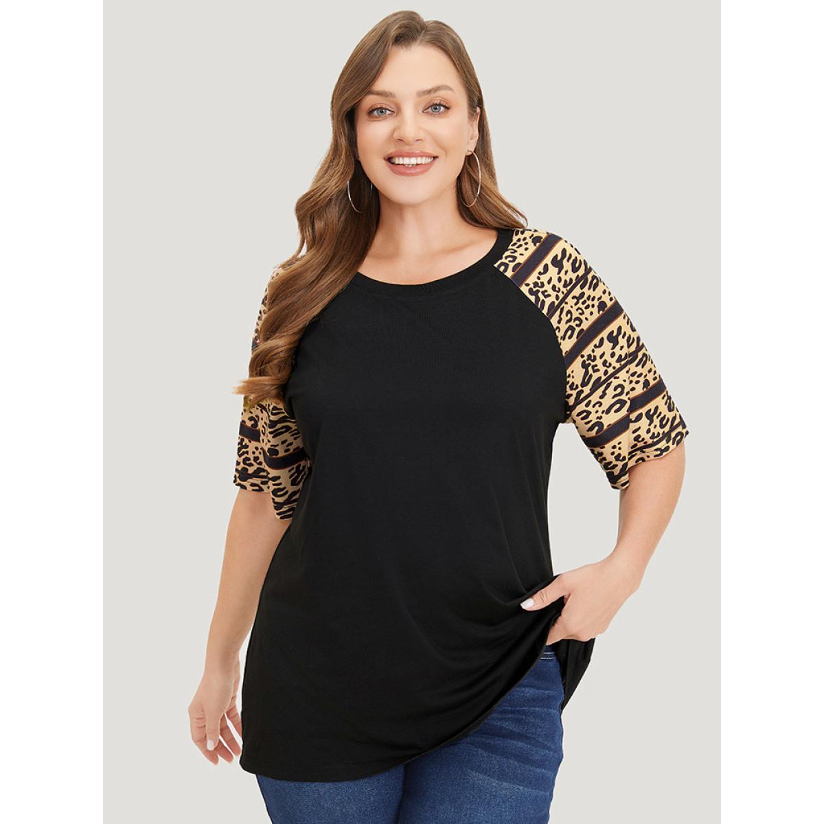 Plus Size Leopard Print Contrast Raglan Sleeve T-shirt Black Women Casual Contrast Leopard Round Neck Dailywear T-shirts BloomChic 12/L Product Image