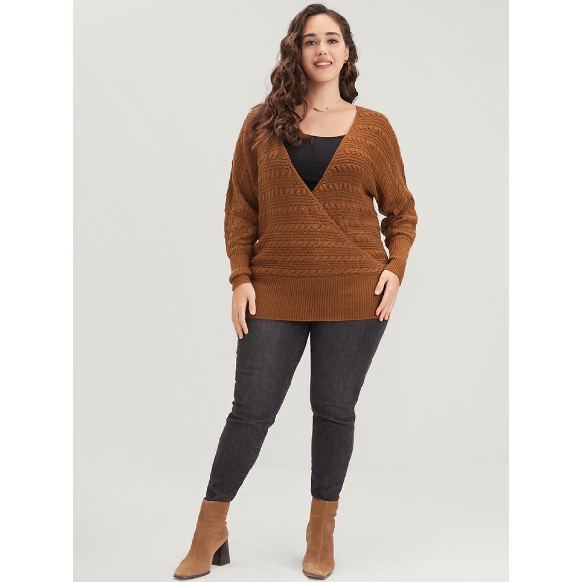 Plus Size Solid Pointelle Knit Dolman Sleeve Surplice Neck Knit Top Bronze Women Casual Loose Long Sleeve V-neck Dailywear Pullovers BloomChic 30/6X Product Image
