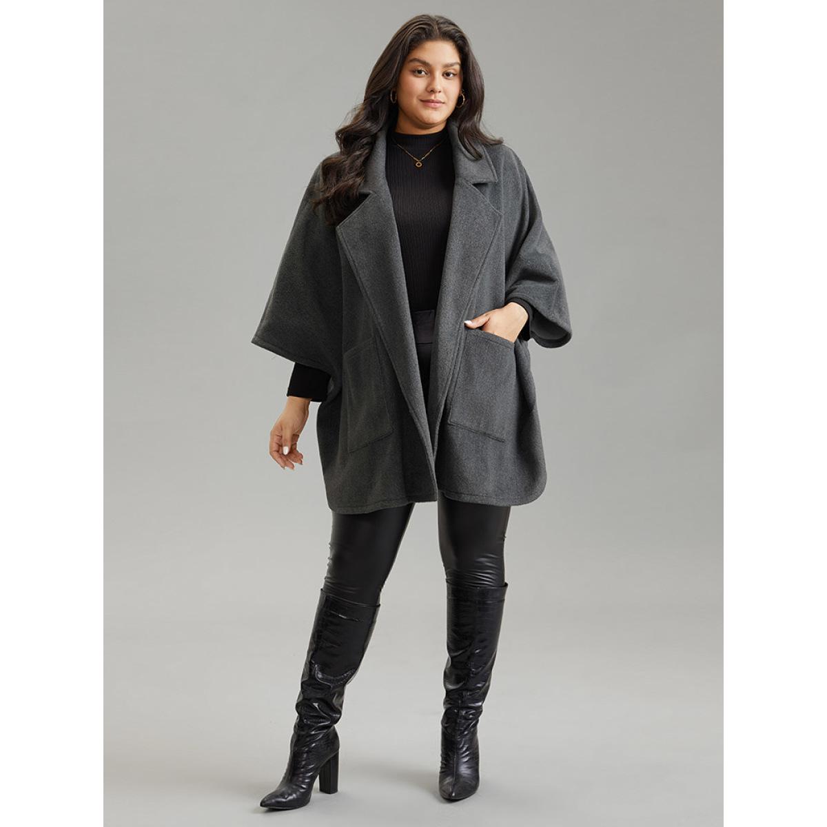 Plus Size Batwing Sleeve Lapel Collar Coat Women DimGray Casual Plain Ladies Dailywear Winter Coats BloomChic 26/4X Product Image