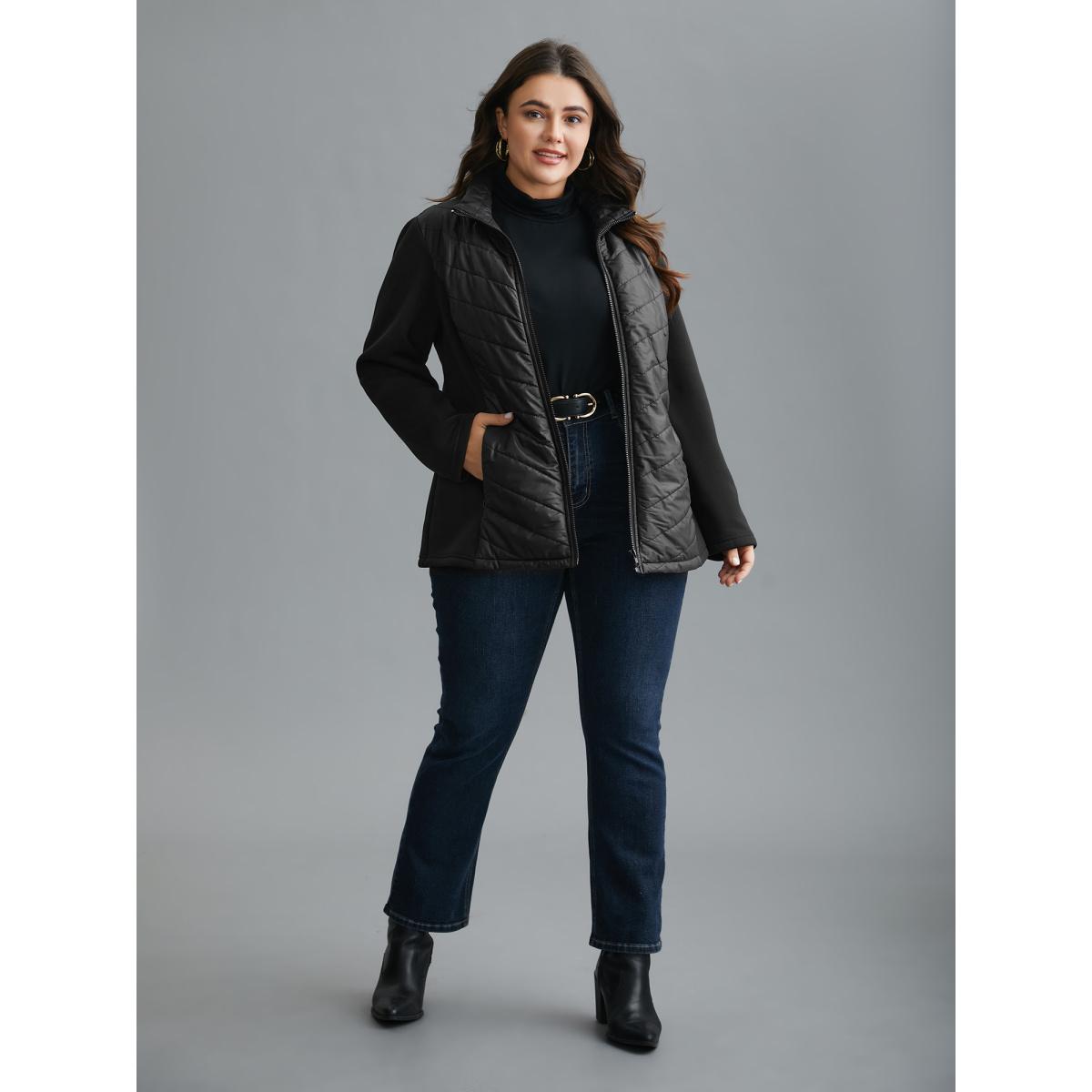 Plus Size Funnel Neck Contrasting Design Zipper Coat Women Black Casual Topstitching Ladies Everyday Winter Coats BloomChic 10/M Product Image