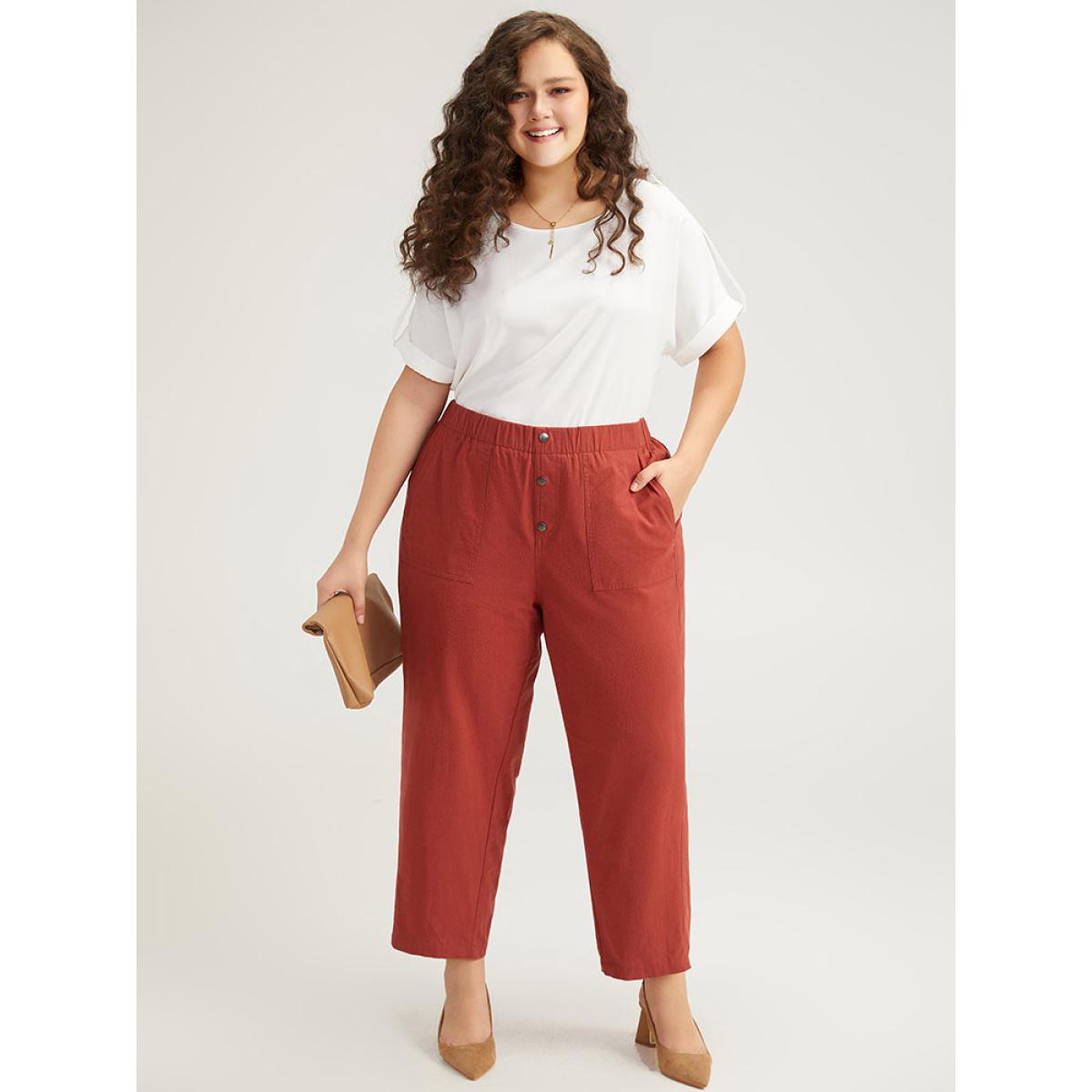 Plus Size Plain Button Up Pocket Straight High Rise Leg Pants Women Russet Casual Straight Leg High Rise Everyday Pants BloomChic 26/4X Product Image