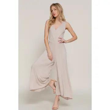 Oatmeal Sleeveless Double V-Neck Surplice Knit Jumpsuit Product Image