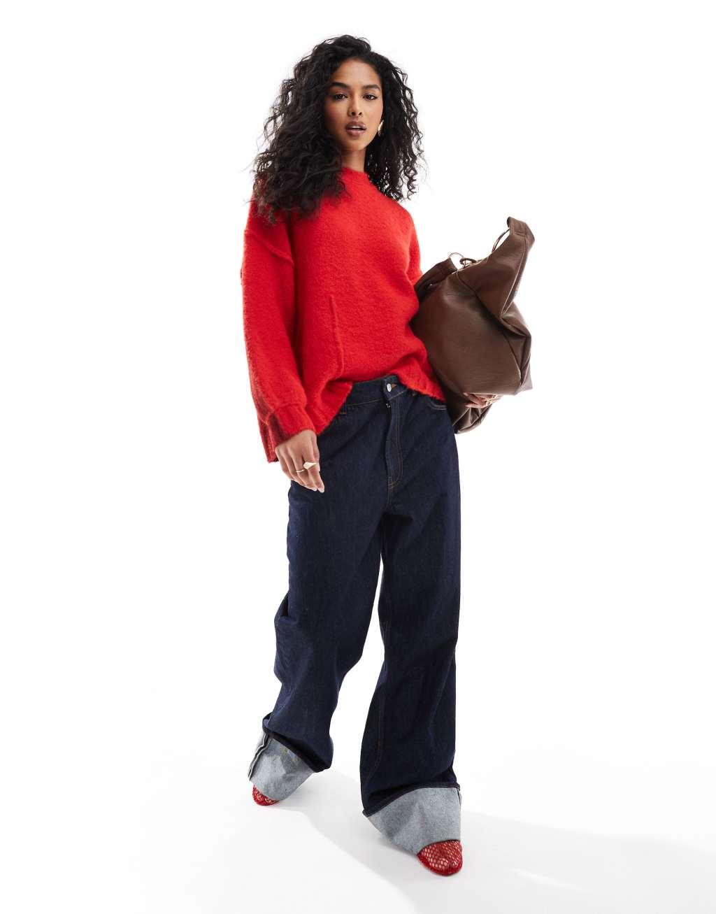 ASOS DESIGN oversized crew neck sweater in red and burgundy Product Image