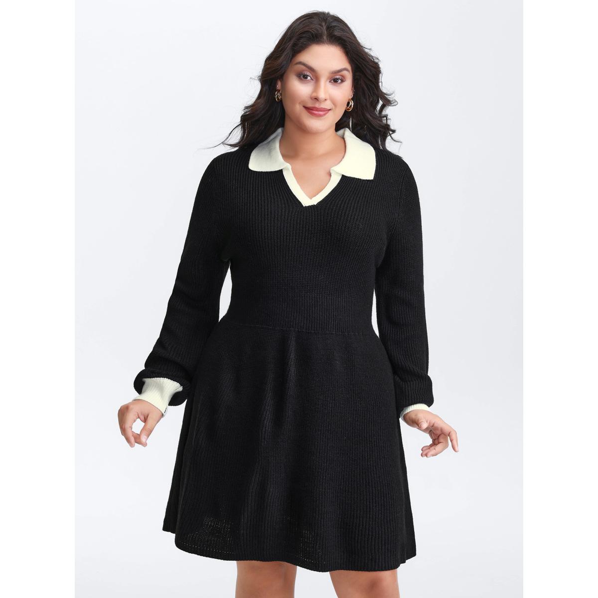 Plus Size Polo Collar Textured Waist Defining Knit Dress Black Women Timeless Bodycon Long Sleeve Elegant Sweater Dresses BloomChic 18-20/2X Product Image