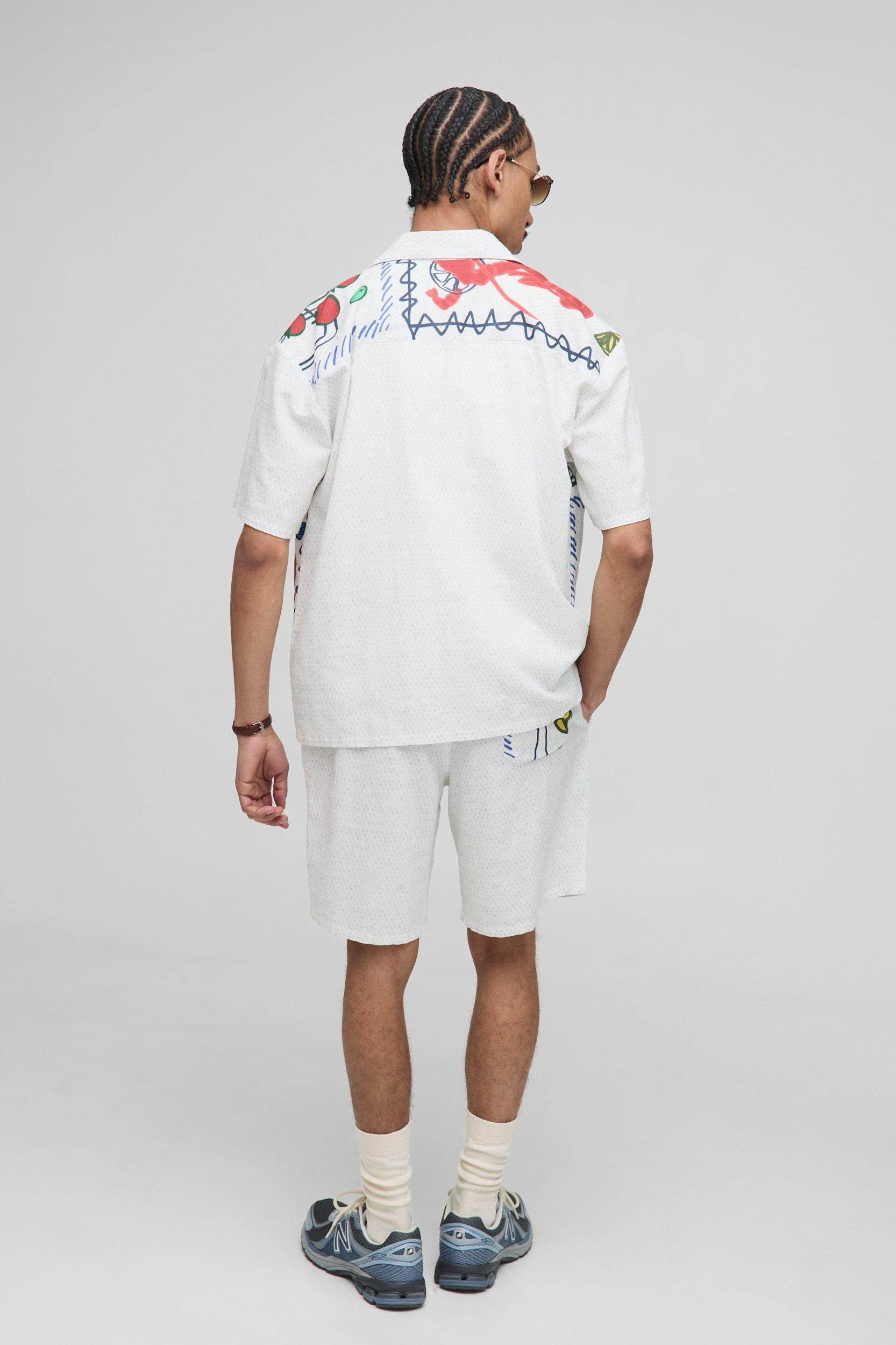 Oversized Linen Blend Conversational Printed Shirt & Short Set | boohooMAN USA Product Image