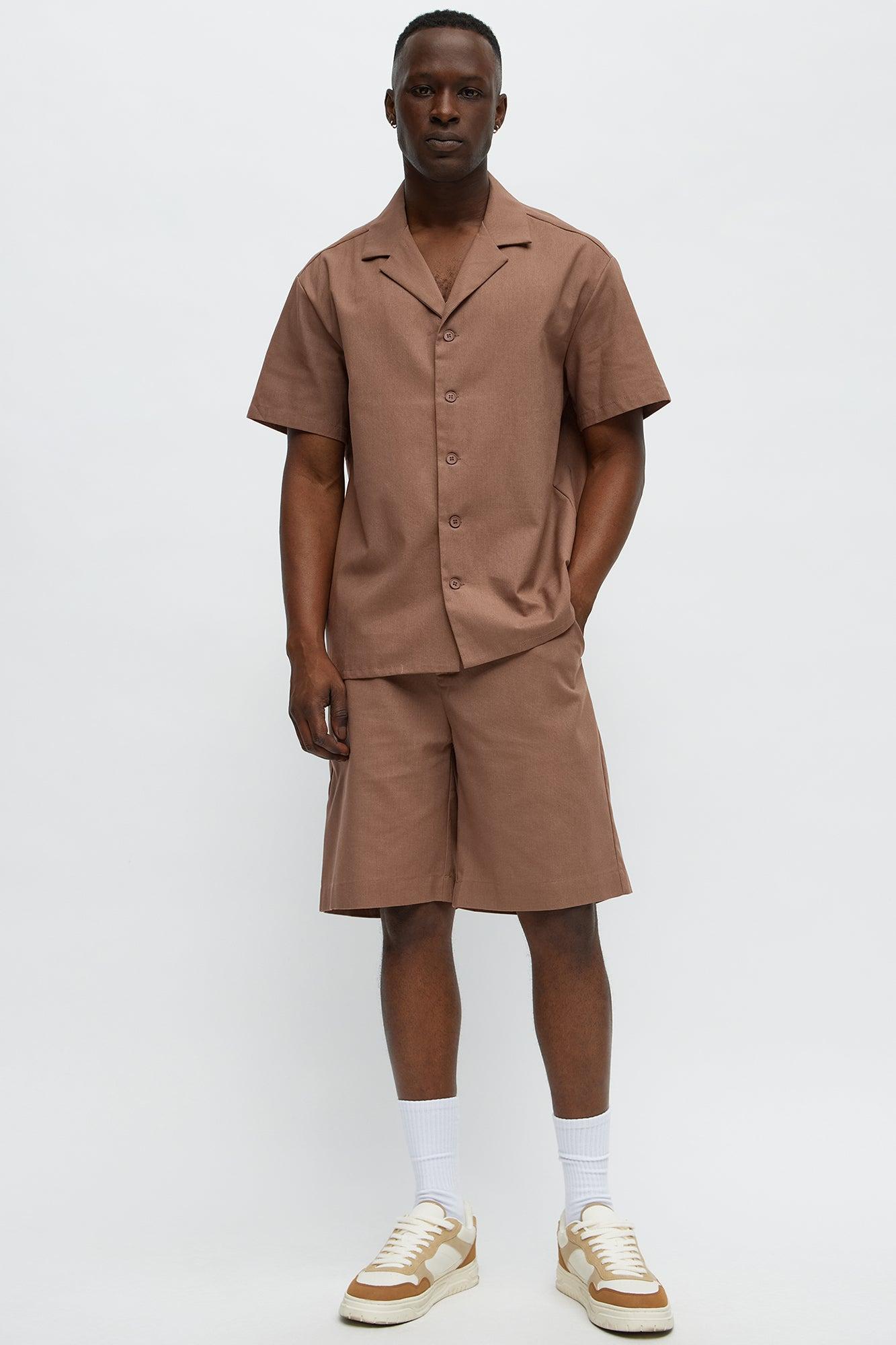 Chai Linen Like Cuban Collar Button Up Shirt - Brown Male Product Image