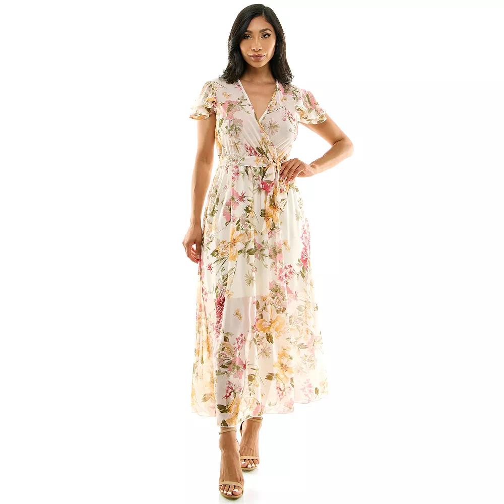 Women's Luxology Front-Tie Ruffle Maxi Dress, Size: Large, Ivory Pink Yellow Product Image