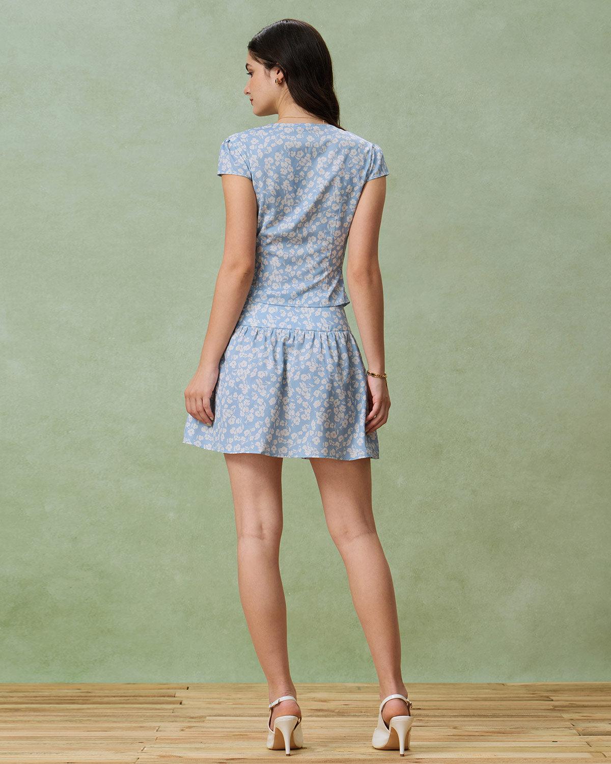 Blue Floral V-Neck Blouse Product Image