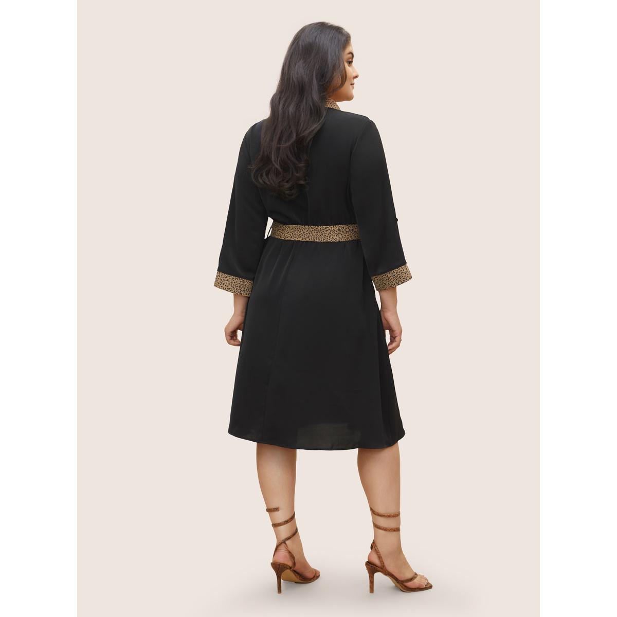 Plus Size Anti-Wrinkle Leopard Patchwork Tab Sleeve Dress Black Women At the Office Non Lapel Collar Elbow-length sleeve Curvy Midi Dress BloomChic 30/6X Product Image