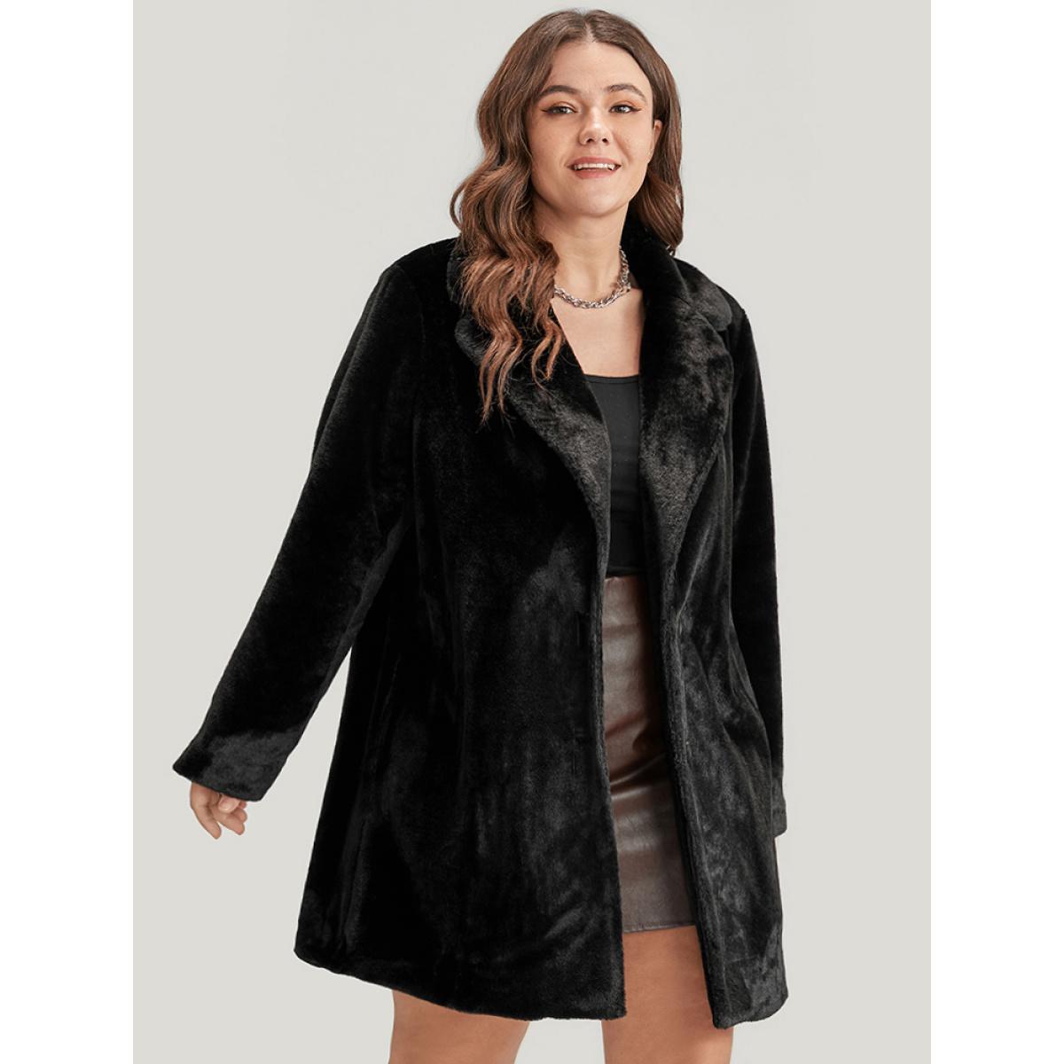 Plus Size Solid Pocket Faux Fur Button Front Coat Women Black Party Pocket Ladies Going out Winter Coats BloomChic 30/6X Product Image
