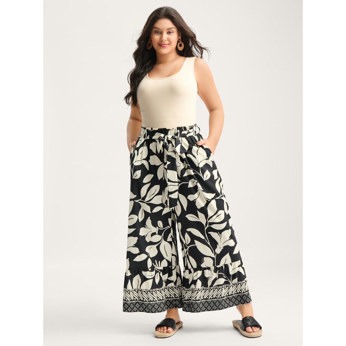 Plus Size Leafy Ruffled Hem Belted Wide-Leg Pants Women BlackFlower Resort Wide Leg Mid Rise Vacation Pants BloomChic 12/L Product Image