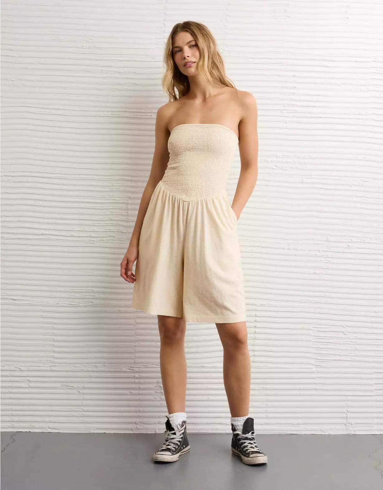 AE Strapless Smocked V-Waist Romper Product Image