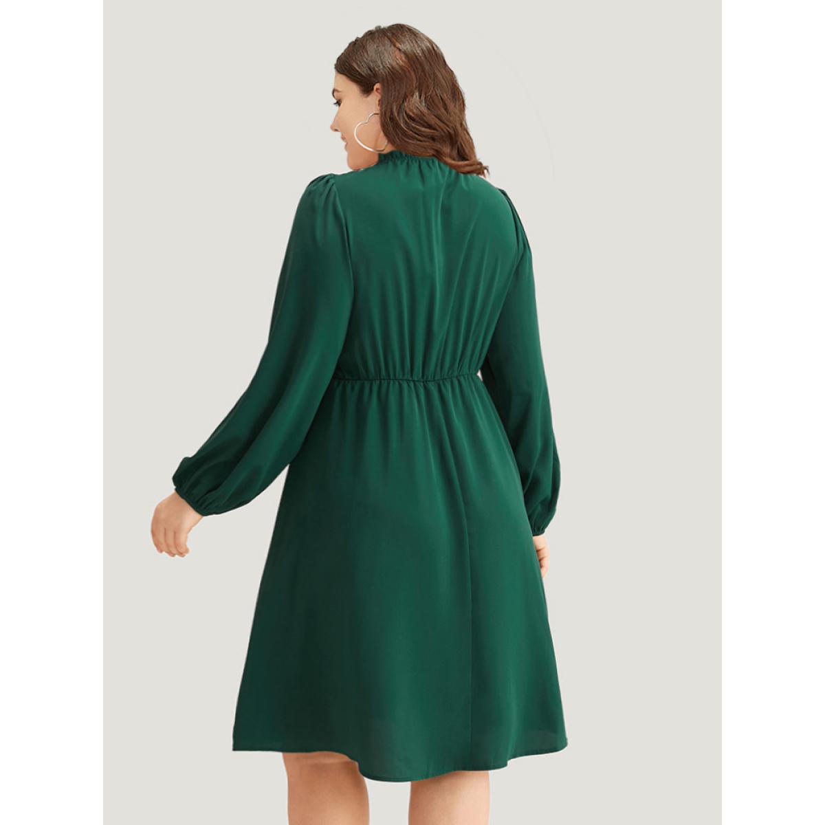 Plus Size Anti-Wrinkle Frill Trim Elastic Cuffs Dress DarkGreen Women Office Elastic cuffs Mock Neck Long Sleeve Curvy Midi Dress BloomChic 10/M Product Image