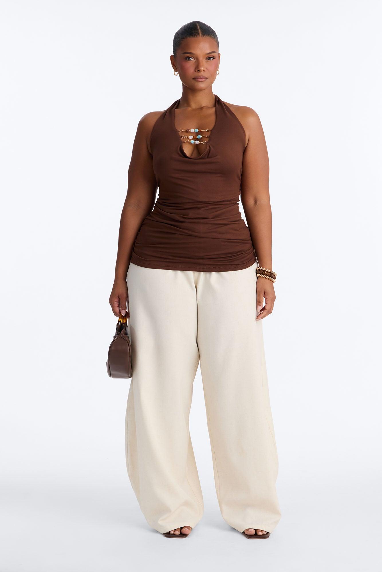 Cabo Nights Beaded Cowl Neck Halter Top - Brown Female Product Image