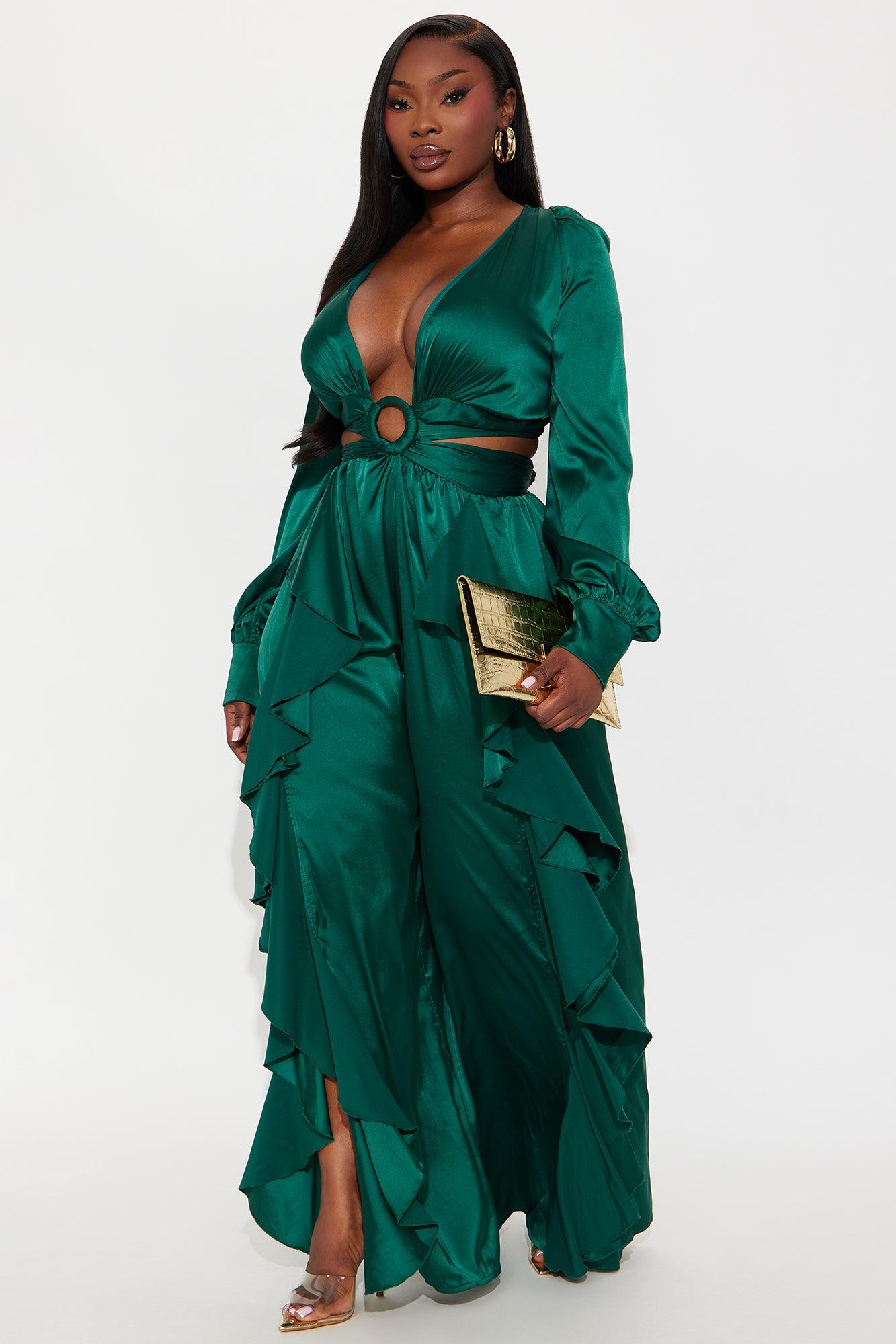 Show Stopper Satin Long Sleeve Jumpsuit - Emerald Female Product Image