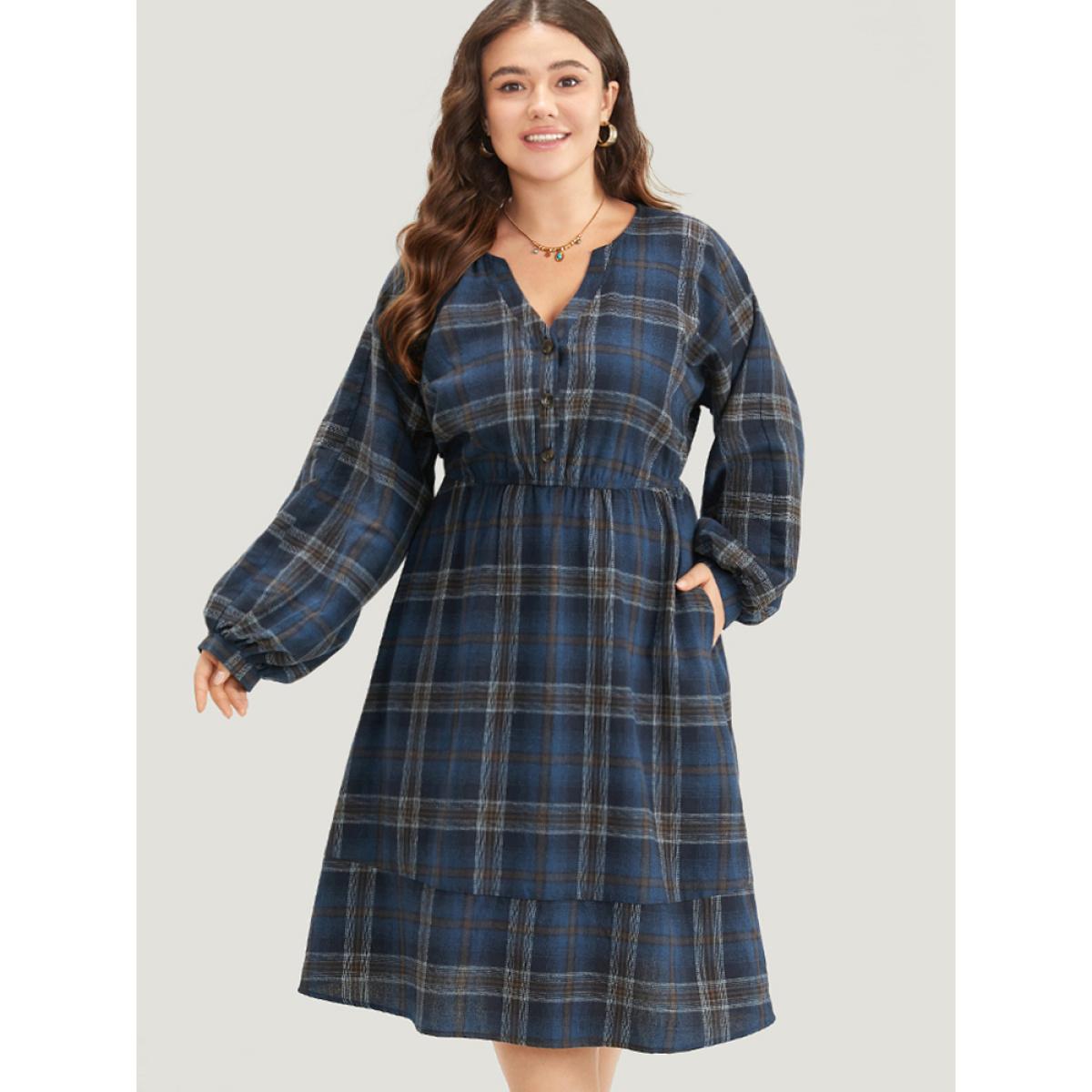 Plus Size Plaid Notched Button Up Lantern Sleeve Dress Aegean Women Casual Elastic cuffs Notched collar Long Sleeve Curvy Midi Dress BloomChic 14-16/1X Product Image