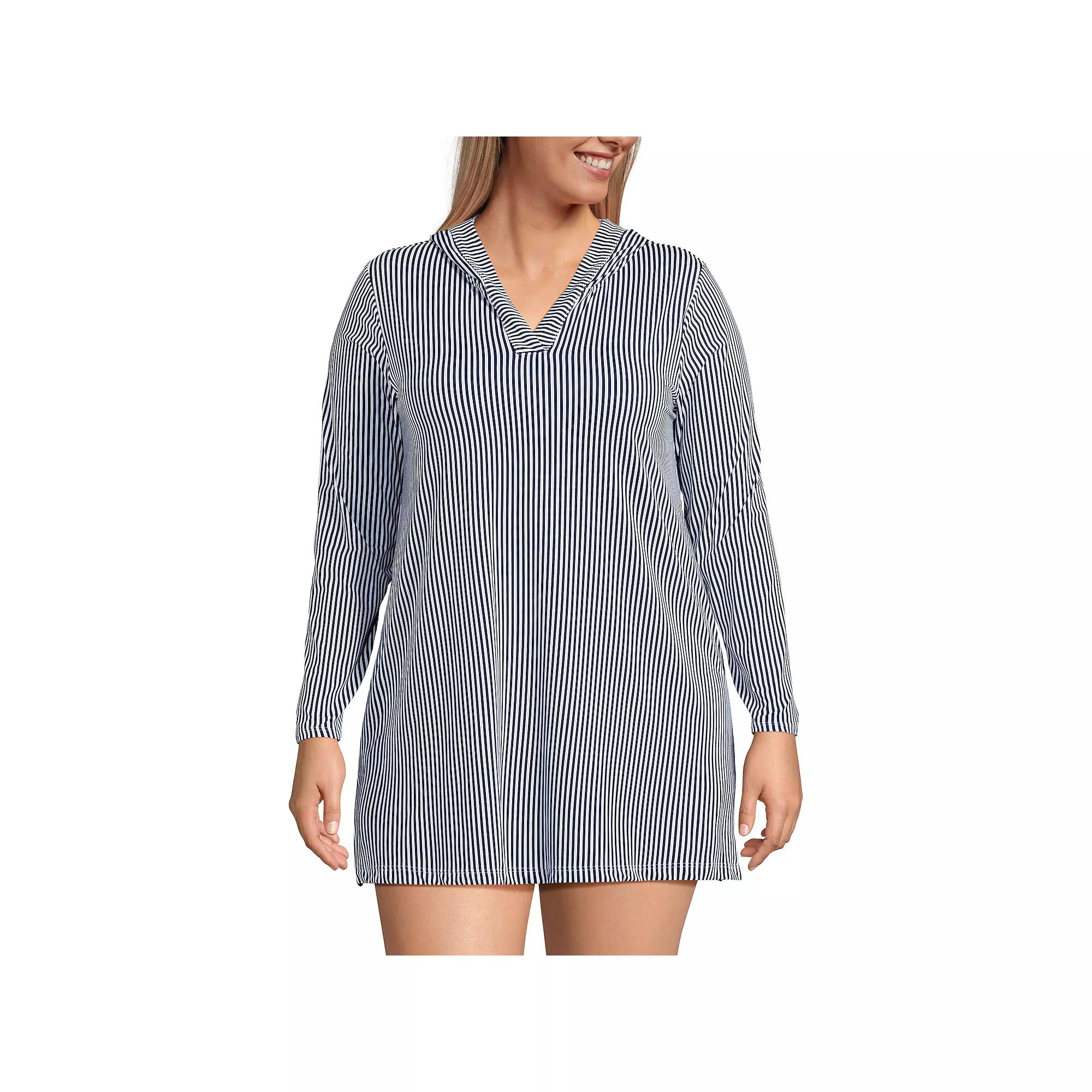Plus Size Lands' End Hooded Mini Swim Cover-Up Dress, Women's, Size: 3XL, Blue Mini Stripe Product Image