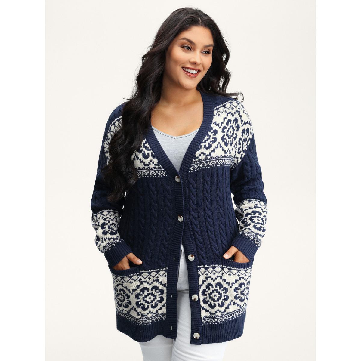Plus Size Cable Knit Floral Jacquard Pockets Knit Cardigan Indigo Women Leisure Loose Long Sleeve Casual Cardigans BloomChic 22-24/3X Product Image