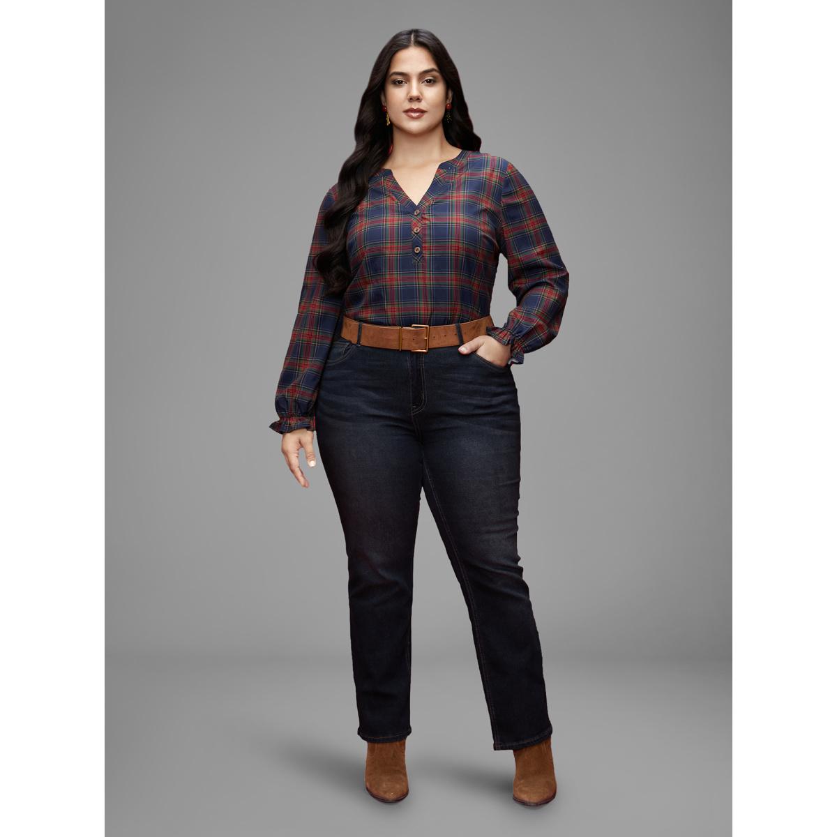 Plus Size Multicolor Plaid Pattern Notched Collar Slim-Fit Blouse Women Casual Long Sleeve Notched collar Everyday Blouses BloomChic 10/M Product Image