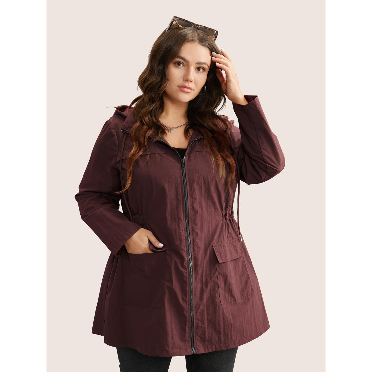 Plus Size Plain Hooded Drawstring Gathered Zipper Jacket Women Scarlet Non Patch pocket Everyday Jackets BloomChic 18-20/2X Product Image