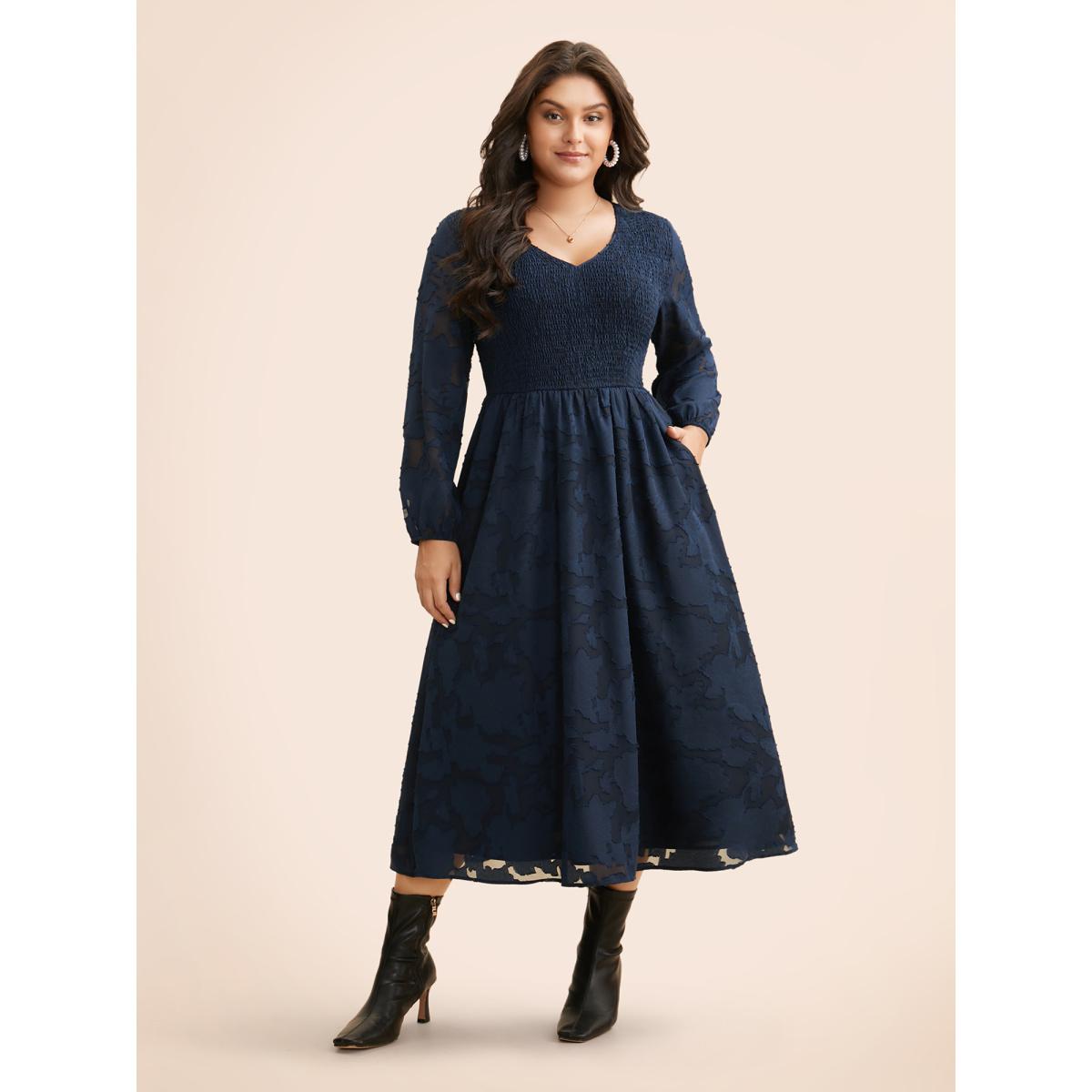 Plus Size Solid Textured Shirred Elastic Waist Dress DarkBlue Women Elegant Texture V-neck Long Sleeve Curvy BloomChic 18-20/2X Product Image