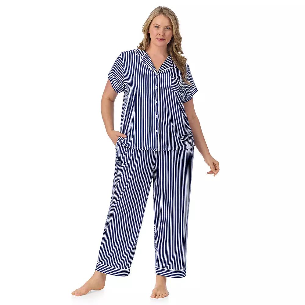 Plus Size Draper James 2-Piece Printed Cozy Short Sleeve Notch Collar Pajama Top & Pajama Pants Set, Women's, Size: 1XL, Blue Stripe Product Image