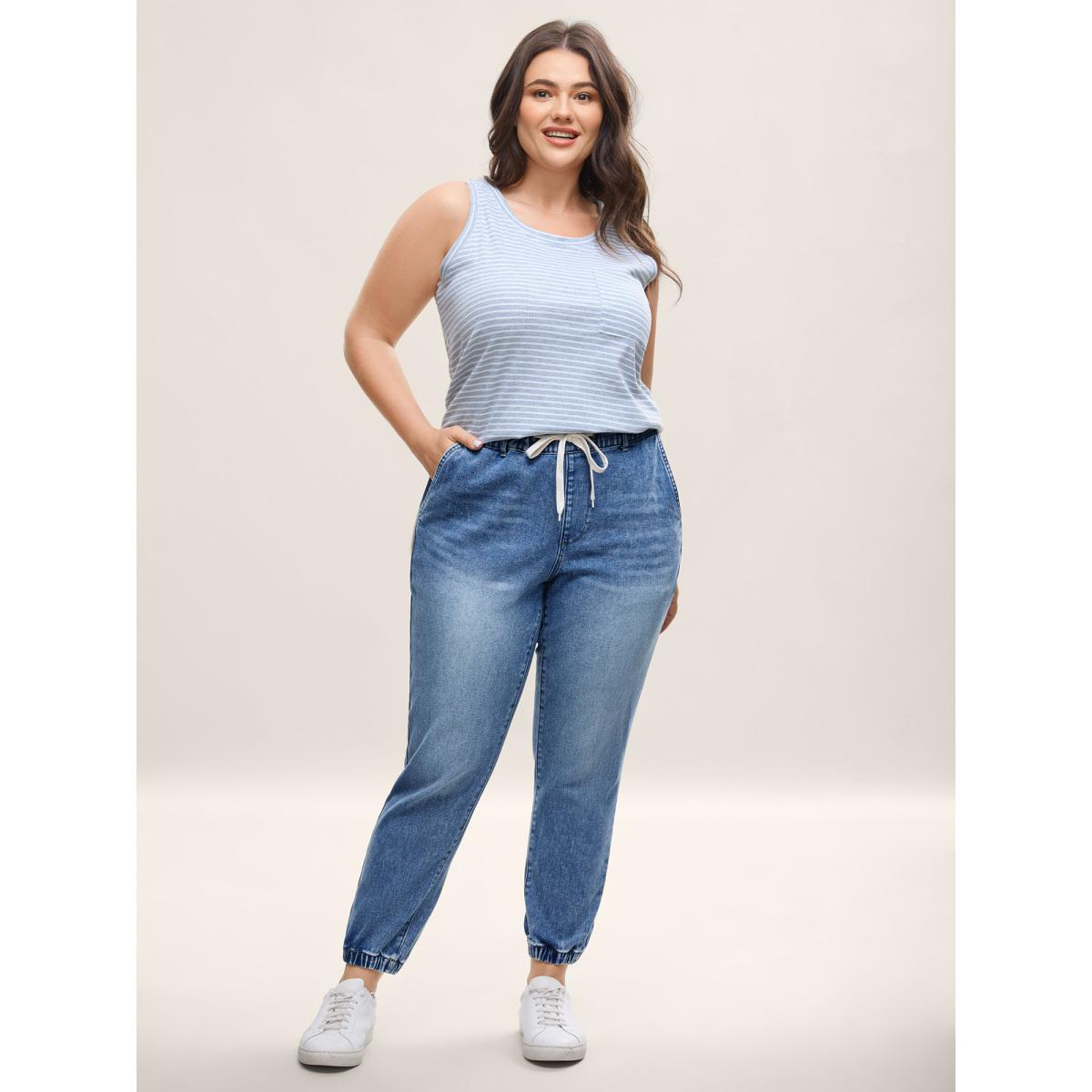 Plus Size Drawstring Waist Jogger Boyfriend Jeans Women Midblue Leisure Medium stretch Slanted pocket Jeans BloomChic 28/5X Product Image