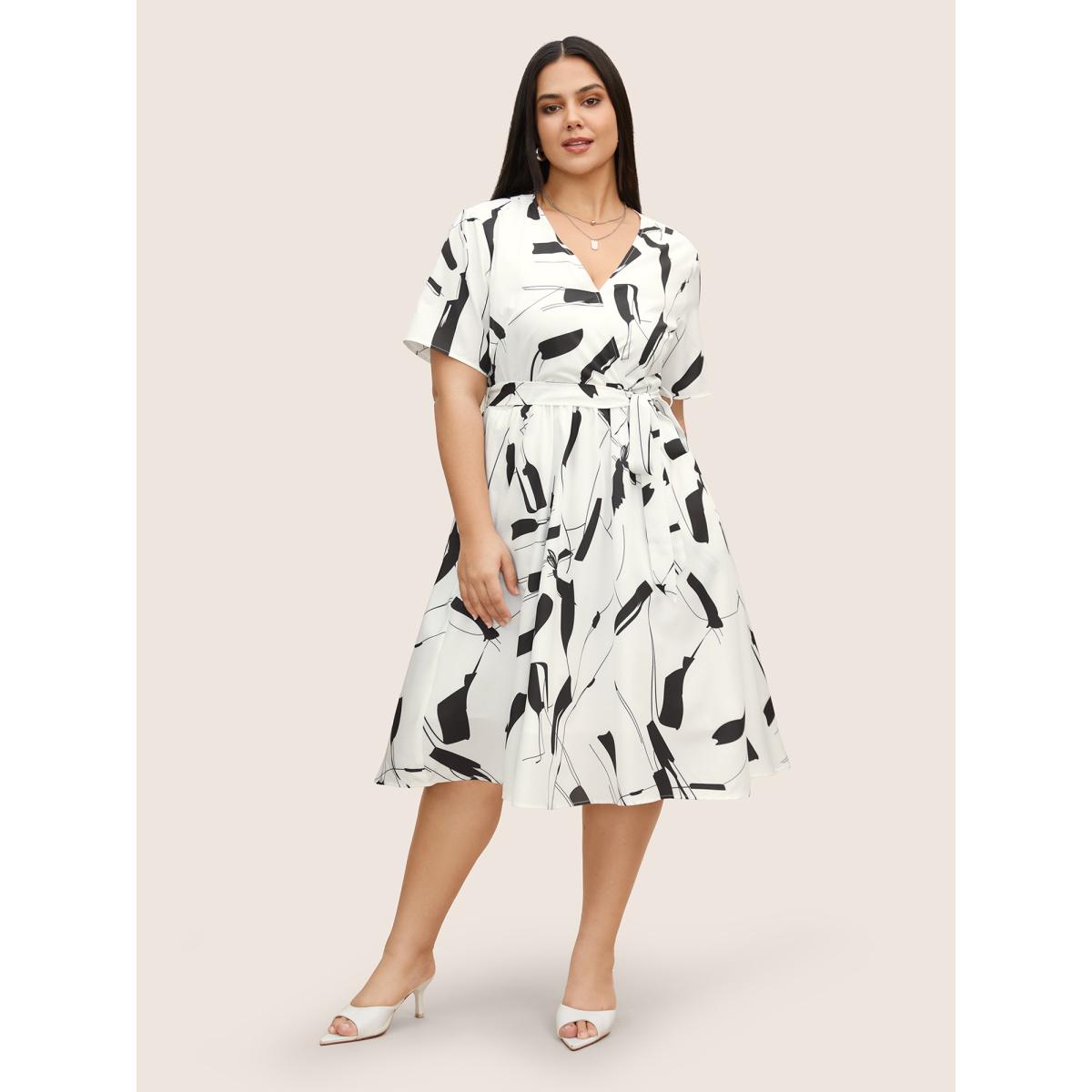 Plus Size Geometric Overlap Collar Belted Midi Dress White Women At the Office Belted Overlap Collar Half Sleeve Curvy BloomChic 14-16/1X Product Image