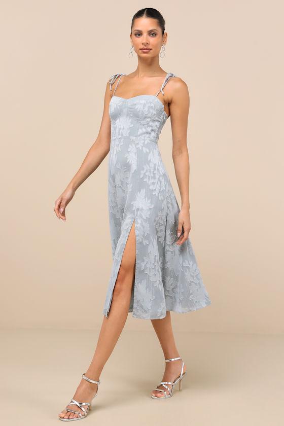 Loveliest Looks Dusty Blue Floral Jacquard Tie-Strap Midi Dress Product Image