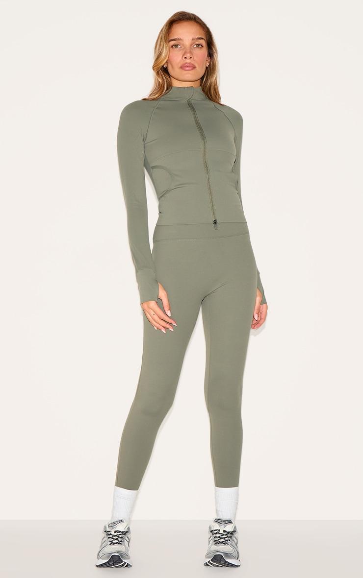 Olive Sculpt Pocket Front Double Zip Up Jacket Product Image