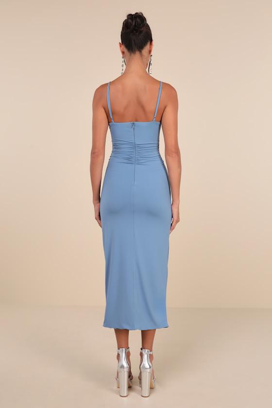 Mesmerizing Reputation Slate Blue Twist-Front Bodycon Midi Dress Product Image