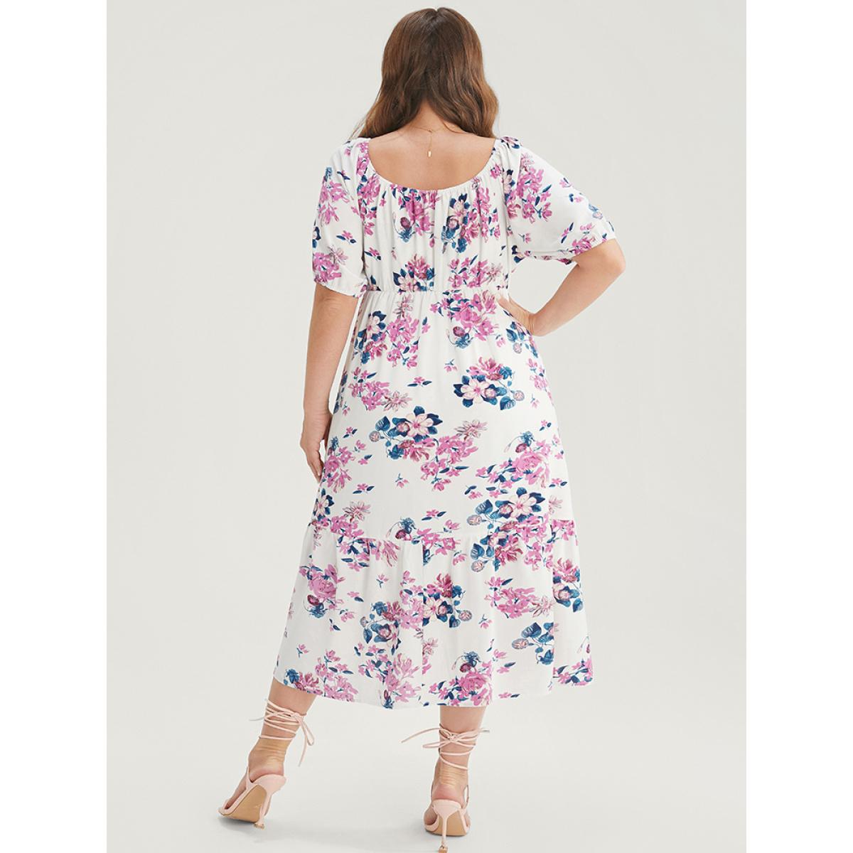 Plus Size Floral Puff Sleeve Pocket Knot Front Scoop Neck Flutter Dress White Women Elegant Lined Scoop Neck Short sleeve Curvy Midi Dress BloomChic 18-20/2X Product Image