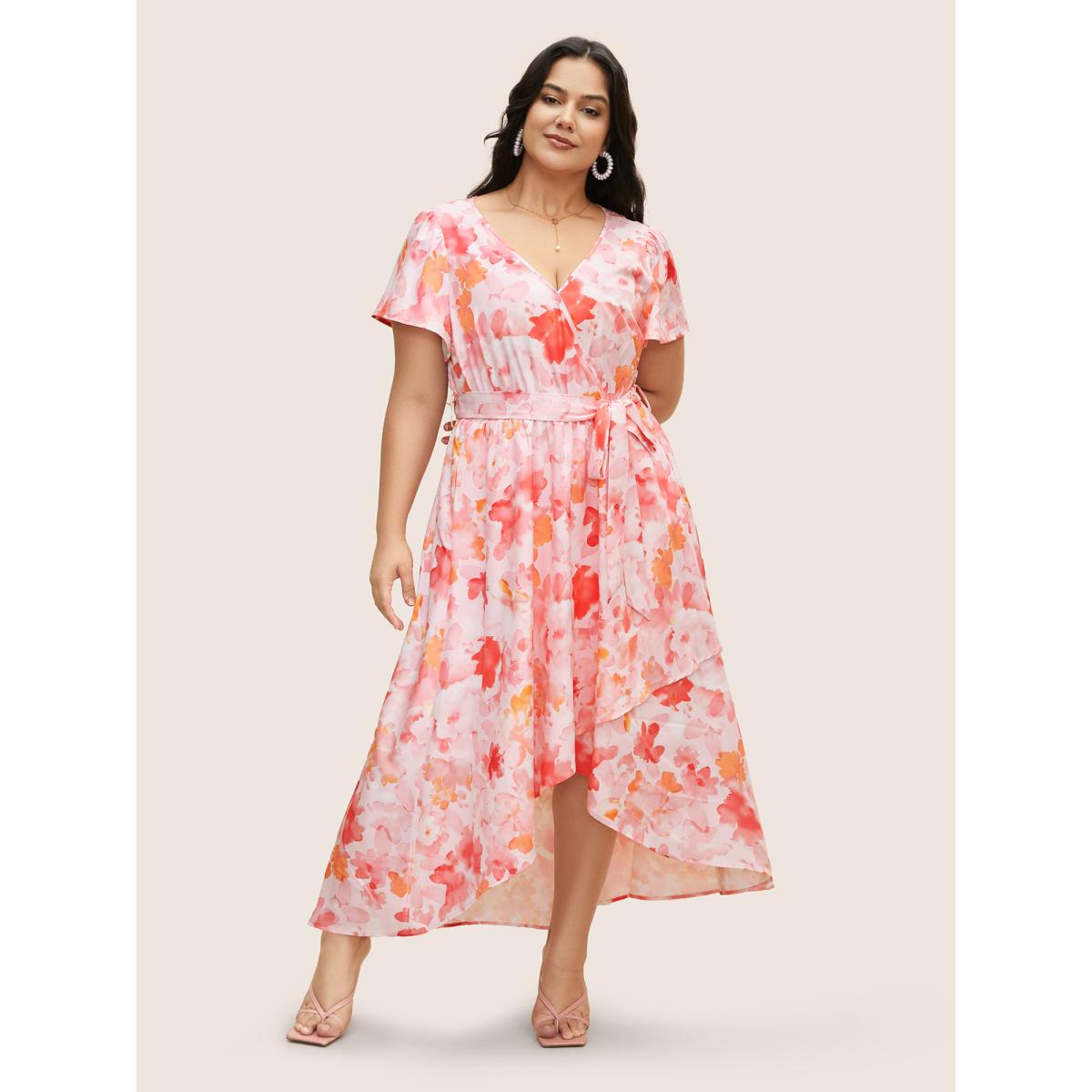 Plus Size Watercolor Floral Ruffles Asymmetrical Hem Dress Nudepink Women Elegant Belted Overlap Collar Cap Sleeve Curvy BloomChic 28/5X Product Image