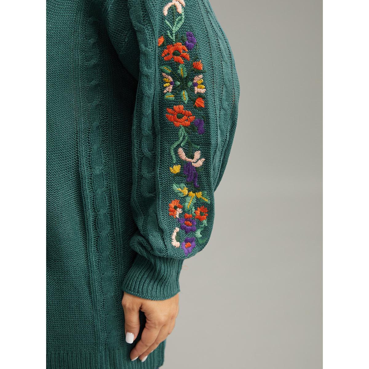 Plus Size Floral Embroidered Cable Knit Lantern Sleeve Cardigan DarkGreen Women Casual Loose Long Sleeve Dailywear Cardigans BloomChic 26/4X Product Image