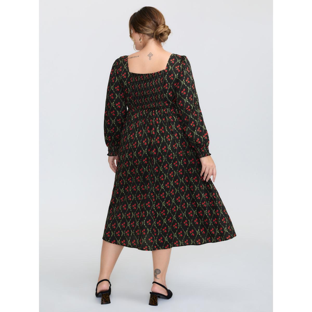 Plus Size Floral Print Square Neck Ruched Midi Dress BlackFlower Women Timeless Gathered Heart neckline Long Sleeve Curvy BloomChic 10/M Product Image