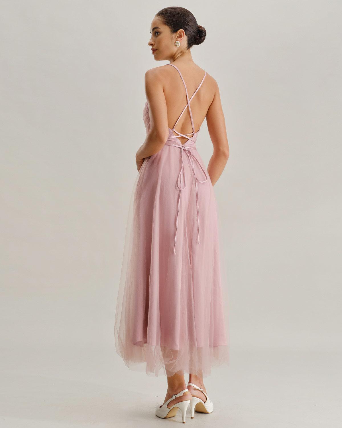 Pink Mesh Flowy Slip Midi Dress Product Image