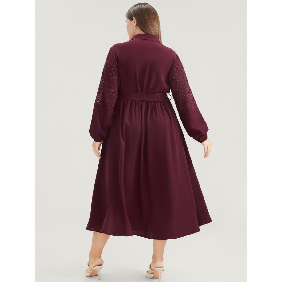 Plus Size Solid Pocket Button Detail Eyelet Lace Belted Dress Burgundy Women Casual Patchwork Shirt collar Long Sleeve Curvy Midi Dress BloomChic 10/M Product Image