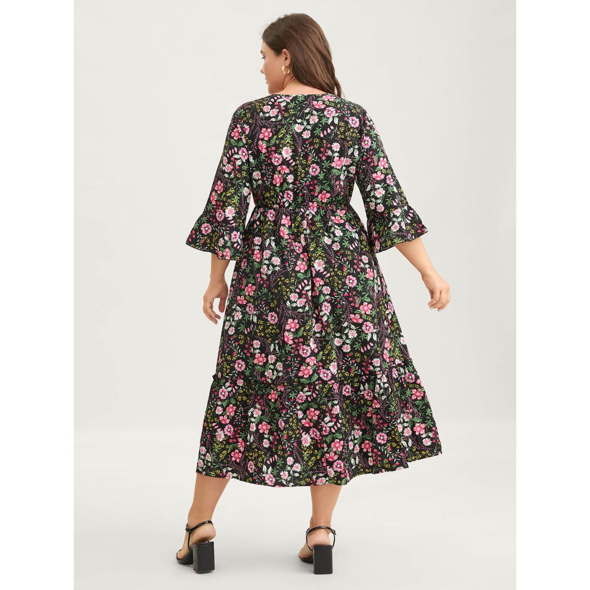 Plus Size Floral Ruffled Square Neck Midi Dress Black Women Romantic Ruffles Square Neck Elbow-length sleeve Curvy BloomChic 10/M Product Image