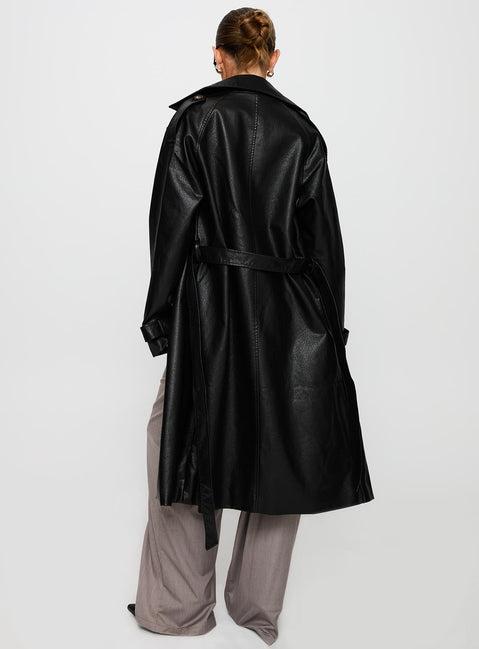 Think Later Faux Leather Trench Coat Black Product Image