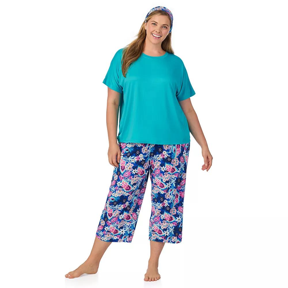 Plus Size Cuddl Duds® 2-pc. Pajama Crewneck Top & Pajama Capri Pants Set with Matching Headband, Women's, Size: 1XL, Blue Ethnic Floral Product Image