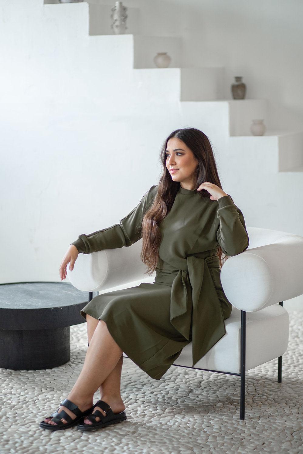 Olive Tie Waist Dress Product Image