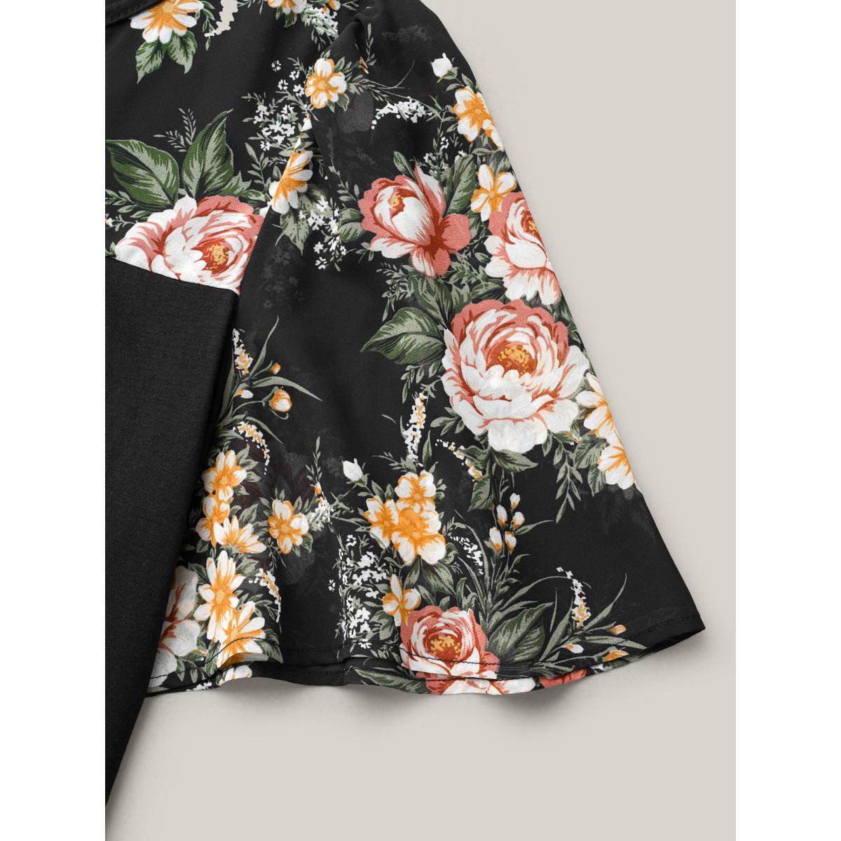 Plus Size Floral Print Spliced Neck-Tie T-Shirt Black Women Elegant Tie knot Natural Flowers Round Neck Everyday T-shirts BloomChic 12/L Product Image