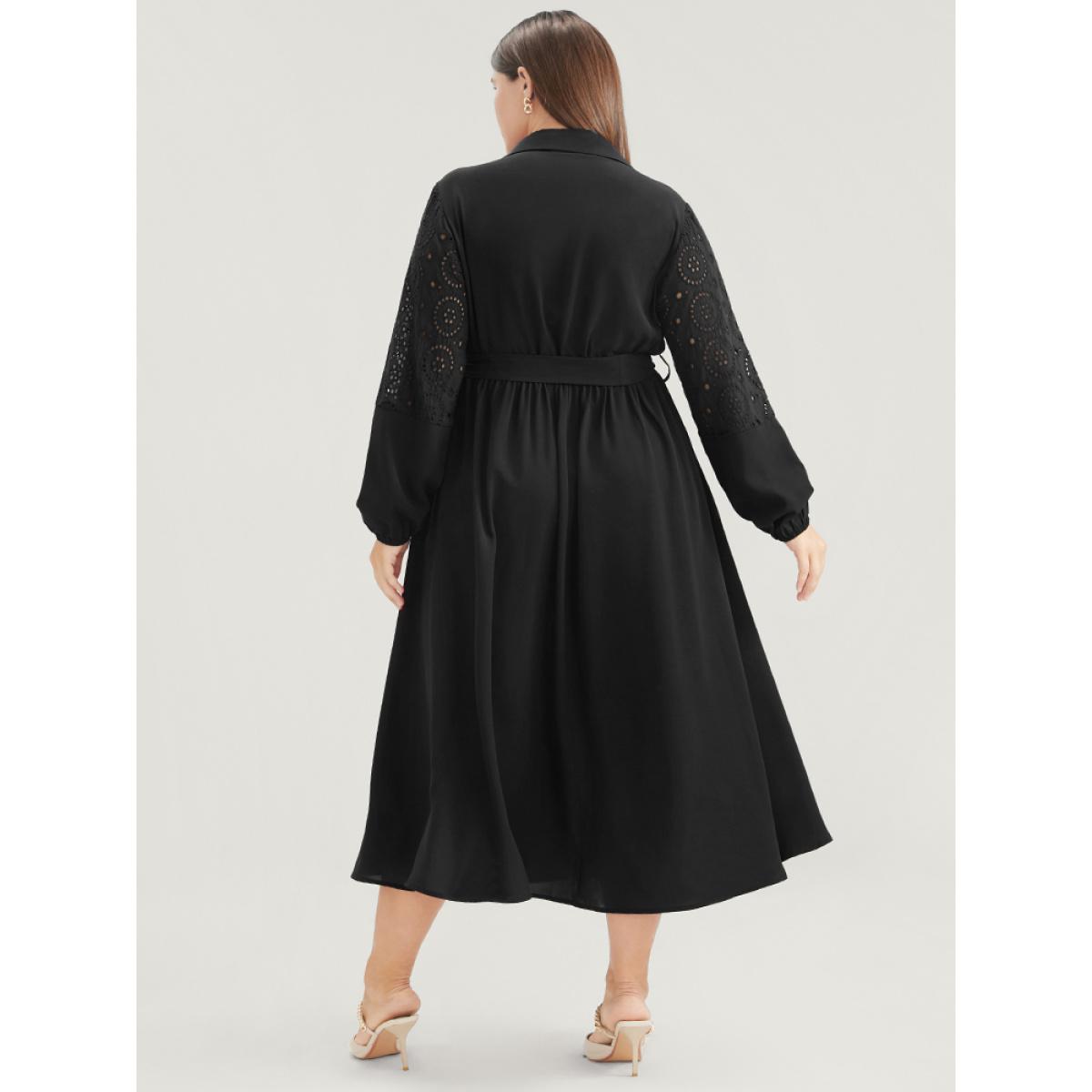 Plus Size Solid Pocket Button Detail Eyelet Lace Belted Dress Black Women Casual Patchwork Shirt collar Long Sleeve Curvy Midi Dress BloomChic 26/4X Product Image