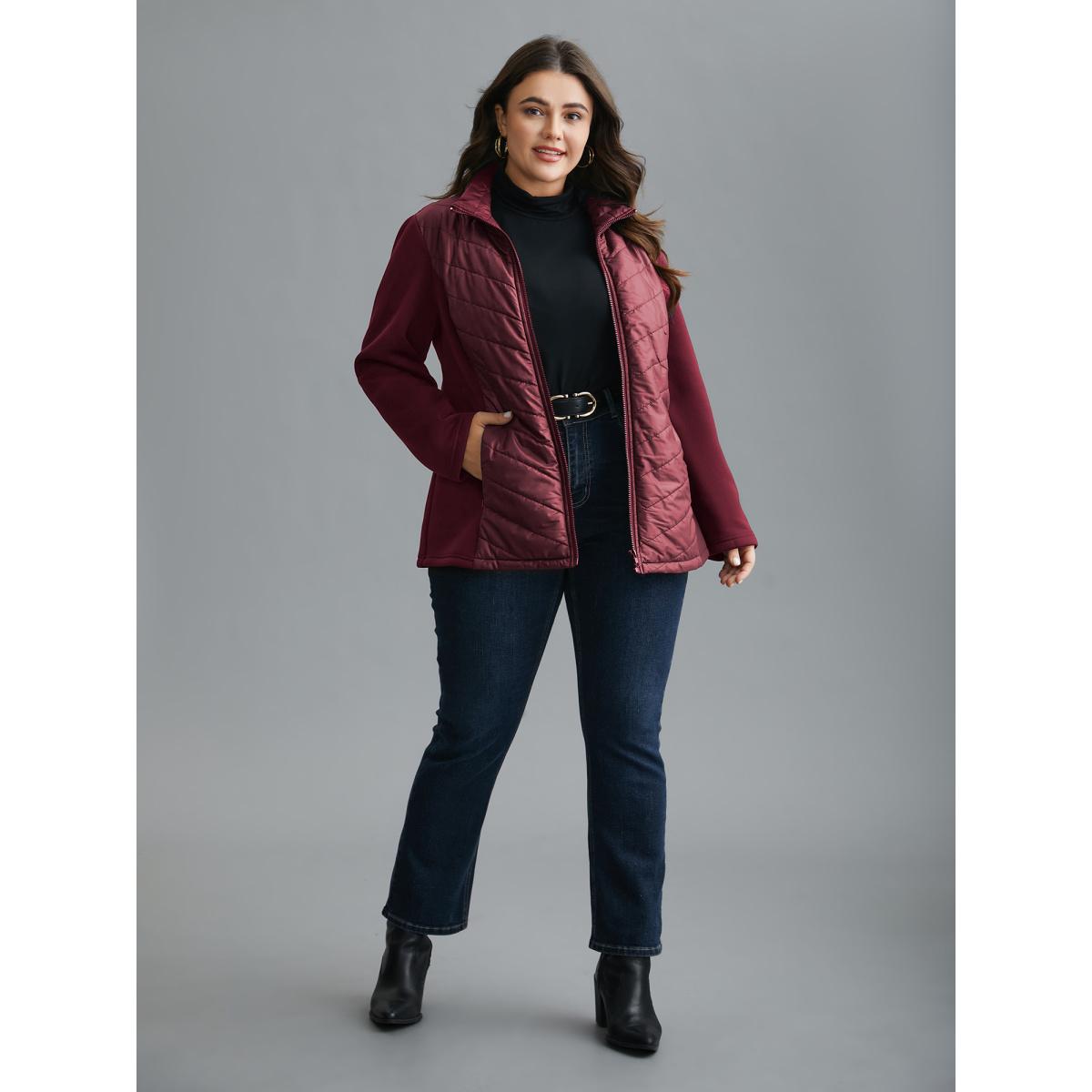 Plus Size Funnel Neck Contrasting Design Zipper Coat Women Burgundy Casual Topstitching Ladies Everyday Winter Coats BloomChic 12/L Product Image
